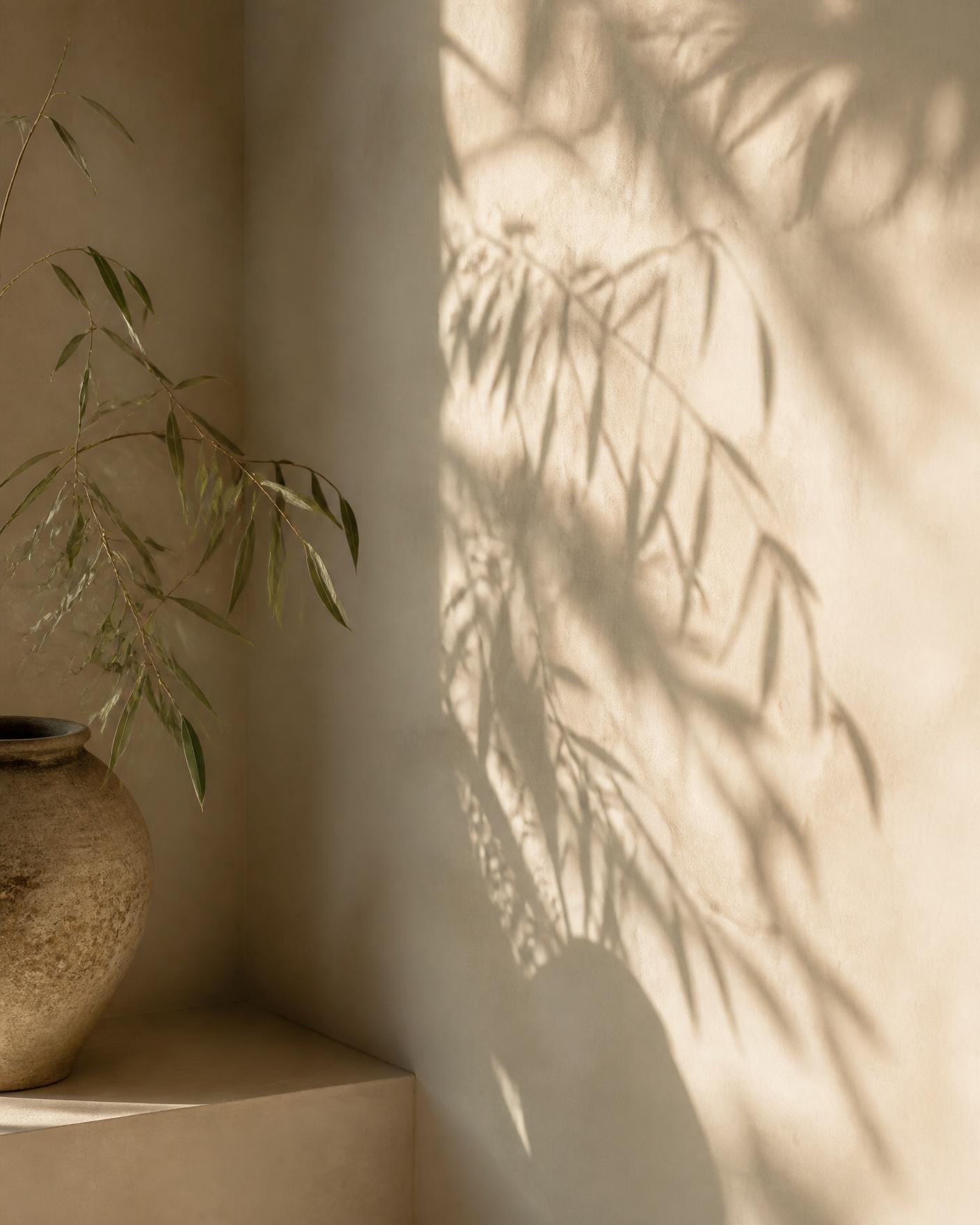 Willow branches casting soft shadows across a warm plaster wall